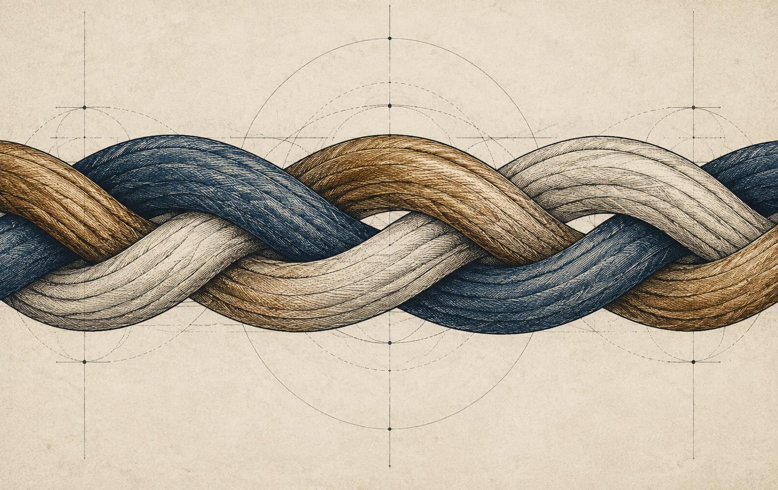 Three cords braided into one strand, drawn as an engraved diagram