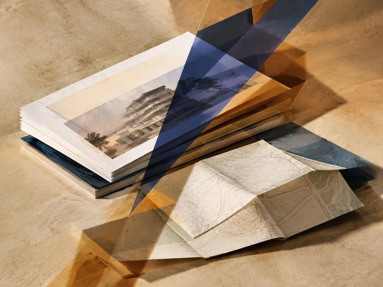 Layered architectural documents and translucent bronze and navy bands, studio lit