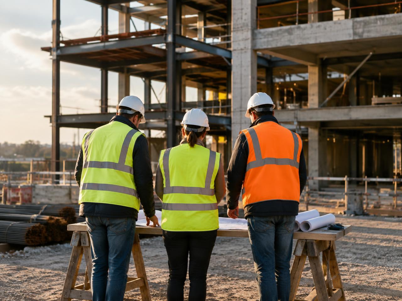 Three construction professionals in high-visibility vests reviewing drawings on site